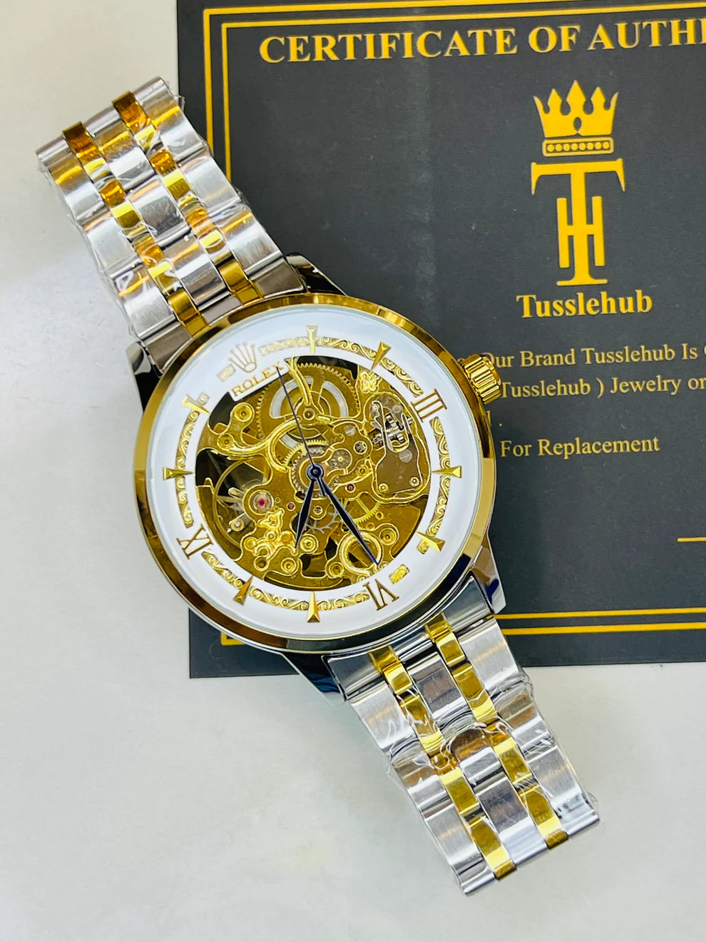 R-1 Two Tone White Chain Strap Skeleton Automatic Watch