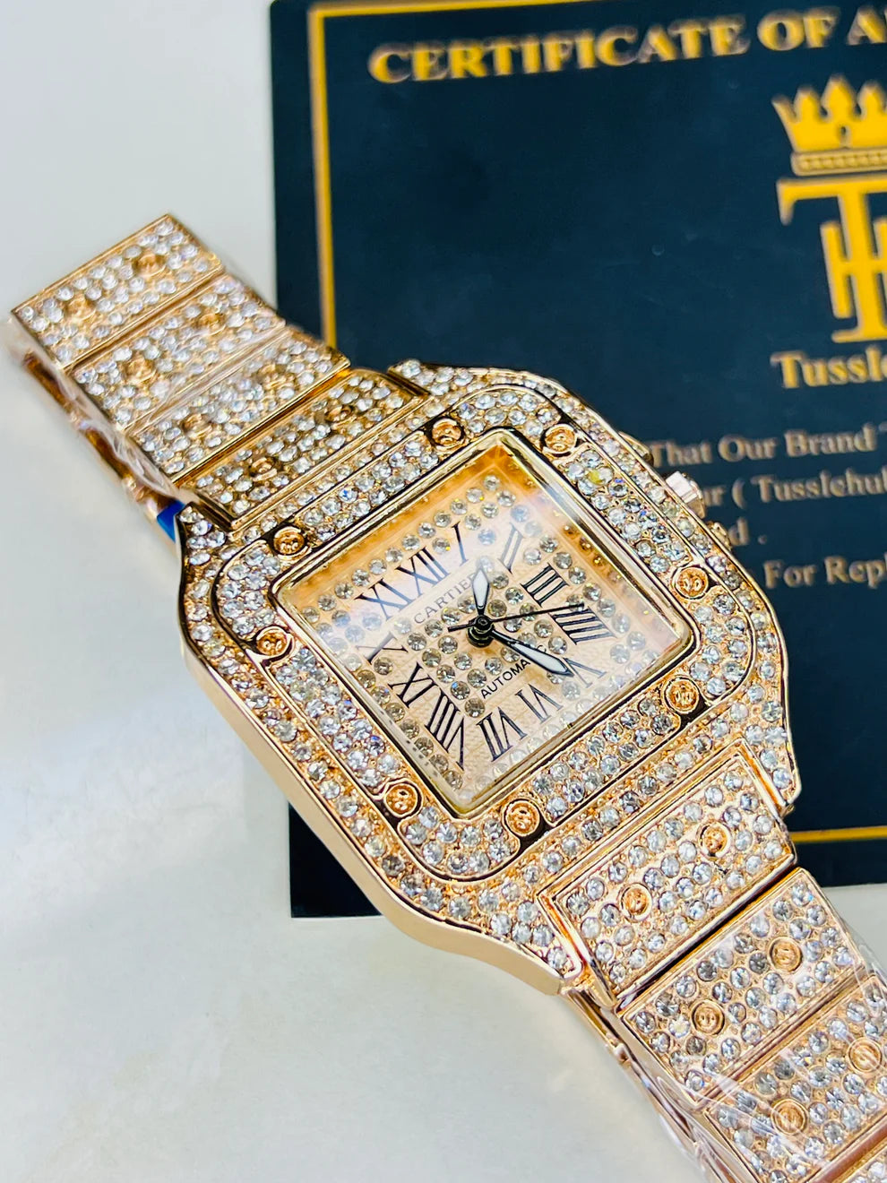 All Rose Gold Square Tank Iced Out Watch