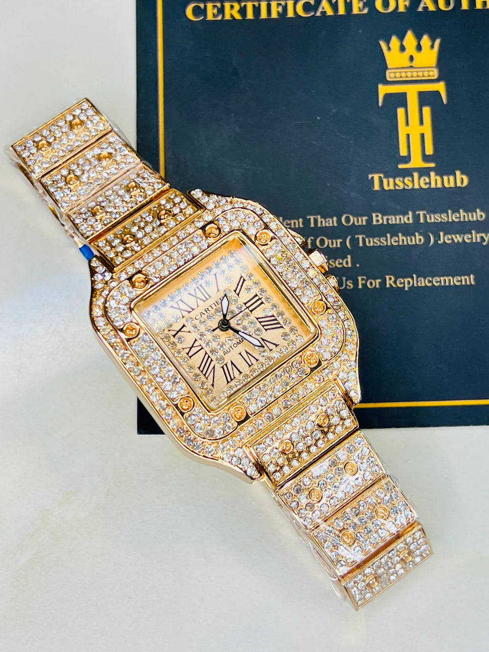 All Rose Gold Square Tank Iced Out Watch