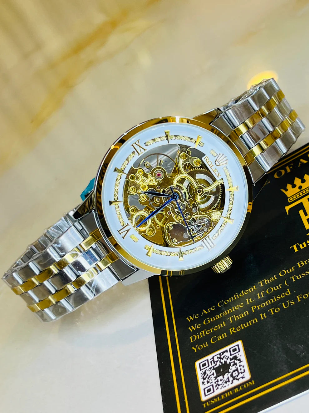 R-1 Two Tone White Chain Strap Skeleton Automatic Watch