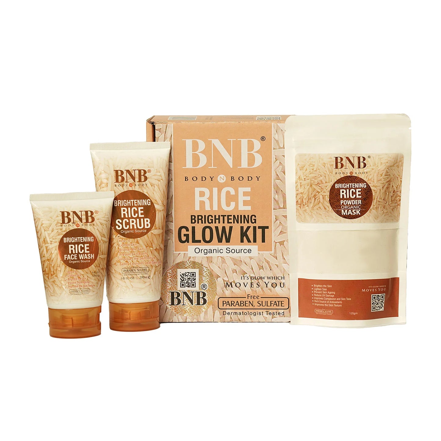 BNB Rice Extract Bright And Glow Kit( Rice Face wash + Rice scrub + Rice Mask )